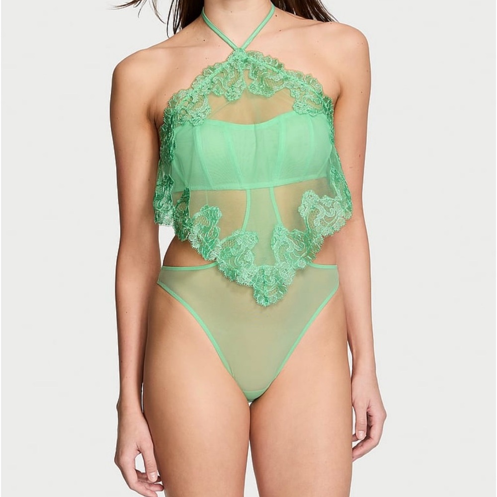 VS NWT Sheer boho embroidery halter neck teddy size Large